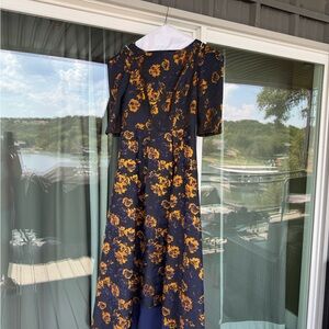 Kay Unger Midnight Blue and Gold Floral High Low Dress
